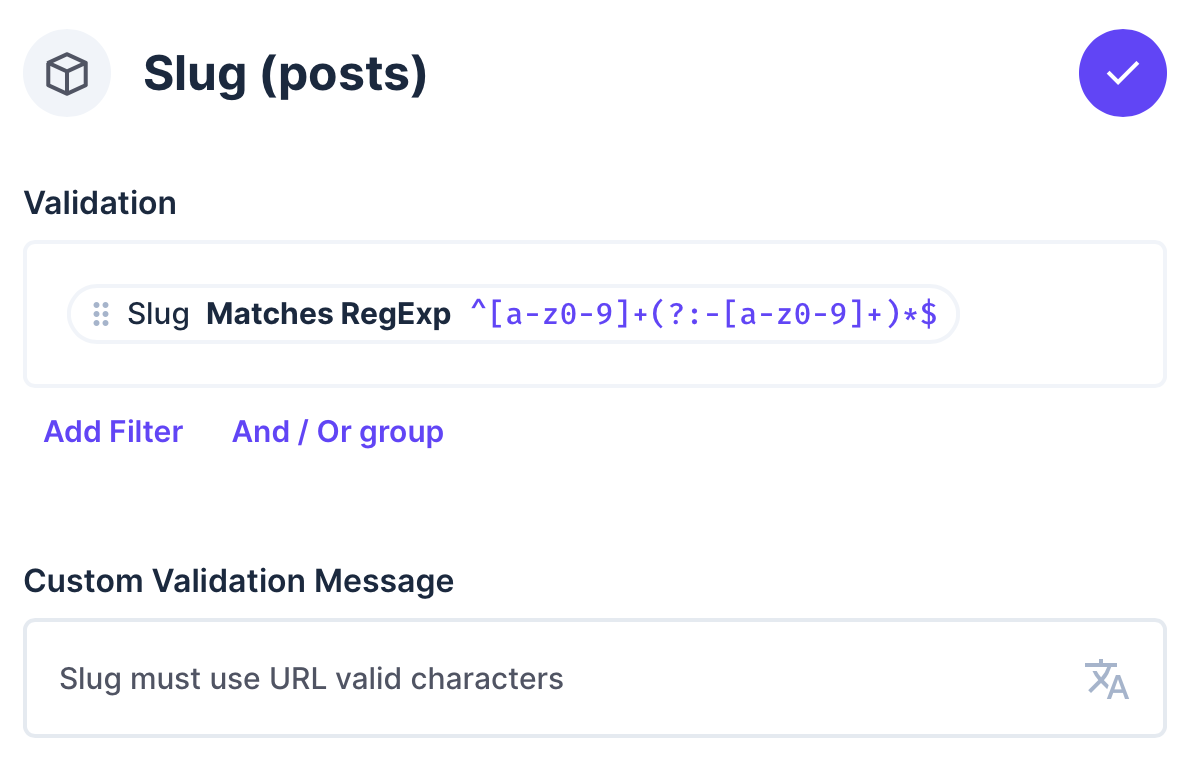 Custom validation for slug field